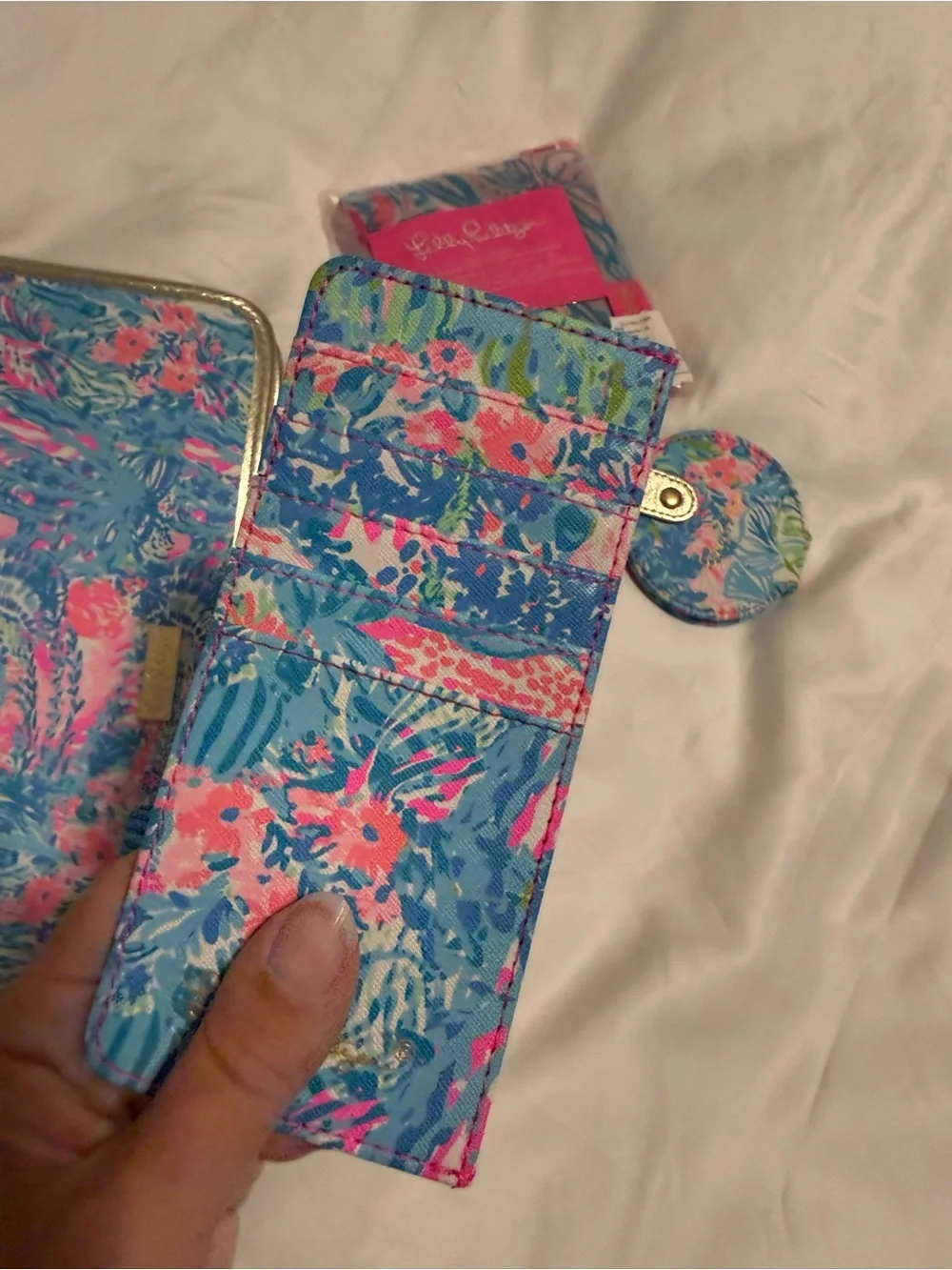 Lilly Pulitzer Blue Pink Green Tropical Travel Set with Gold Trim